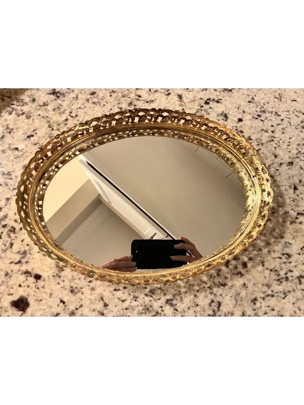 Vintage Gold Tone Decorative Oval Mirror Tray